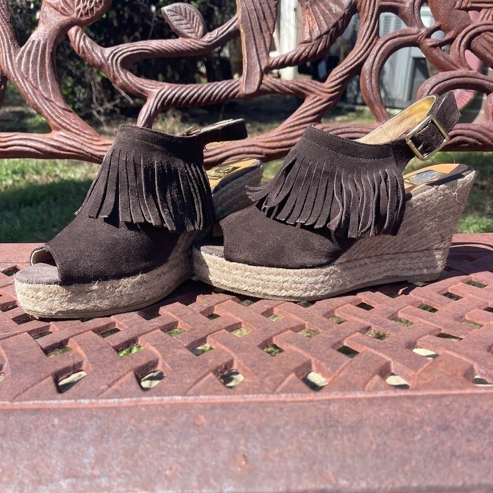 💋Kanna Brown Suede Leather Fringe Slingback Platform Wedge Open Toe Sandal